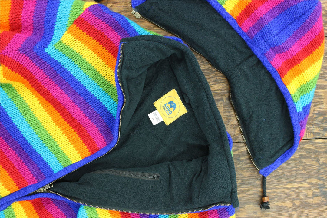 Hand Knitted Wool Hooded Jacket Cardigan - Stripe Bright Rainbow