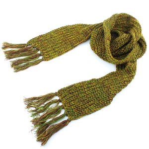 Long Narrow Acrylic Wool Knit Scarf - Green & Gold