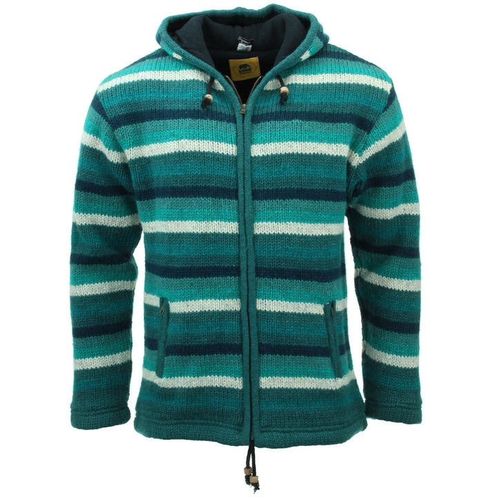 Hand Knitted Wool Hooded Jacket Cardigan - Stripe Teal