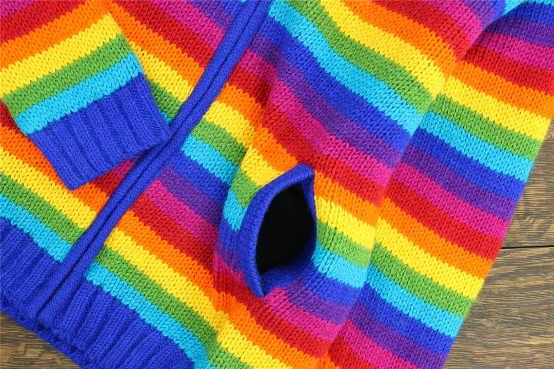 Hand Knitted Wool Jacket Cardigan - Stripe Bright Rainbow