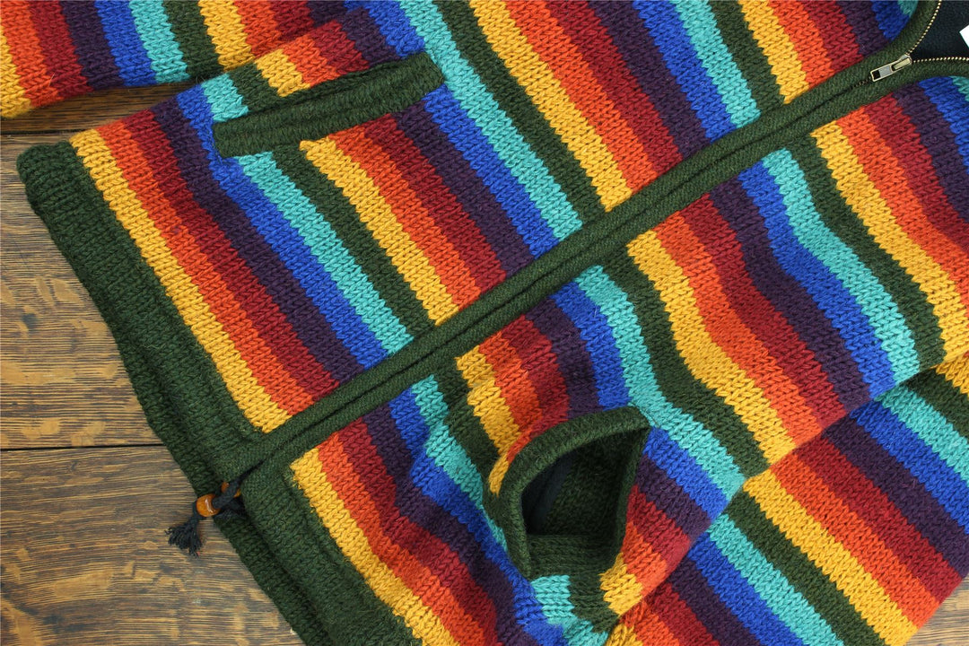 Hand Knitted Wool Hooded Jacket Cardigan - Stripe Dark Rainbow