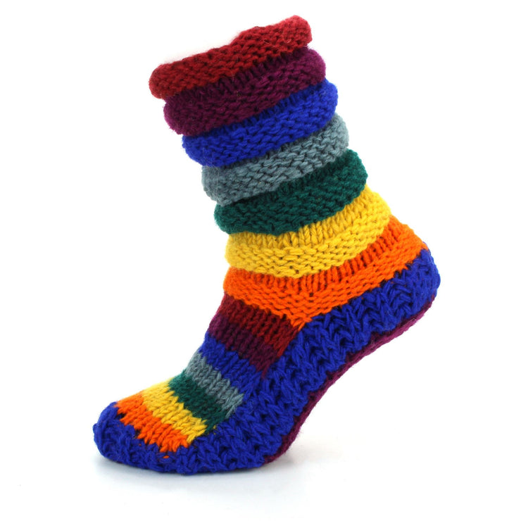 Hand Knitted Wool Slipper Socks Lined - Stripe Rainbow 2