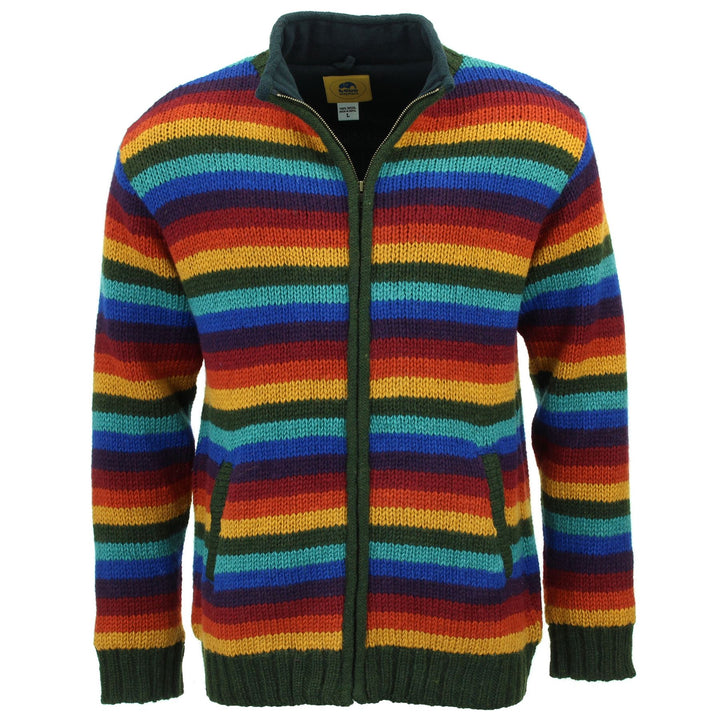 Hand Knitted Wool Jacket Cardigan - Stripe Dark Rainbow