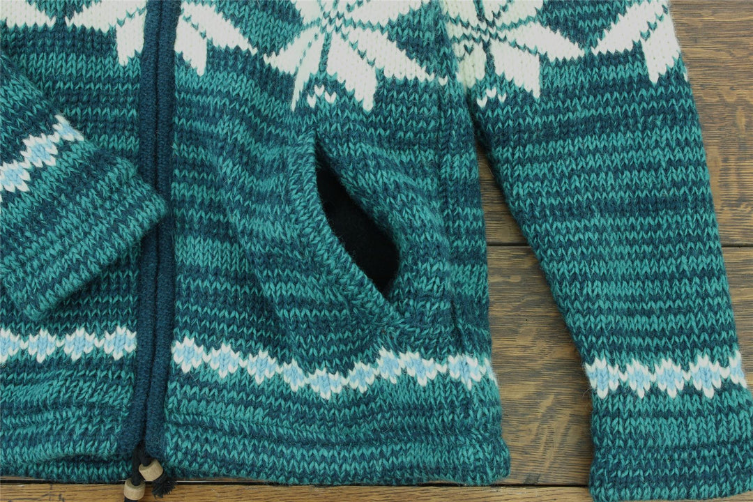 Hand Knitted Wool Hooded Jacket Cardigan Ladies Cut - Fairisle Teal