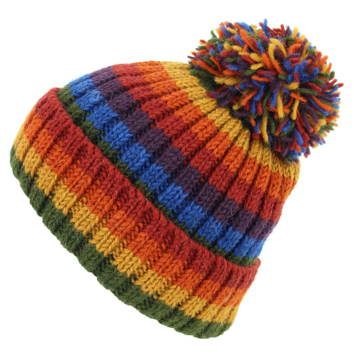 Hand Knitted Wool Beanie Bobble Hat - Stripe Dark Rainbow