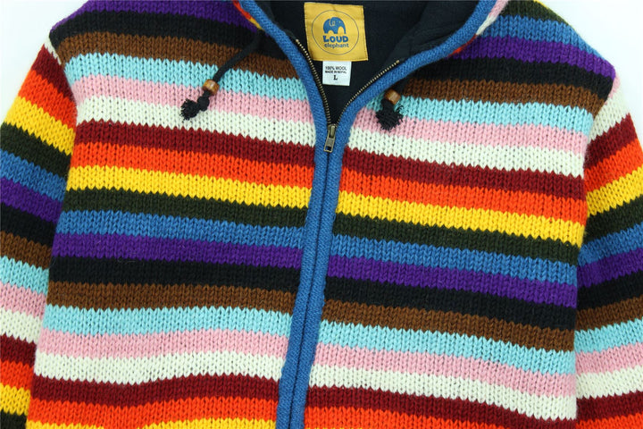 Hand Knitted Wool Hooded Jacket Cardigan - Stripe Progress Rainbow