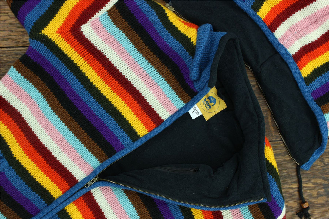 Hand Knitted Wool Hooded Jacket Cardigan - Stripe Progress Rainbow