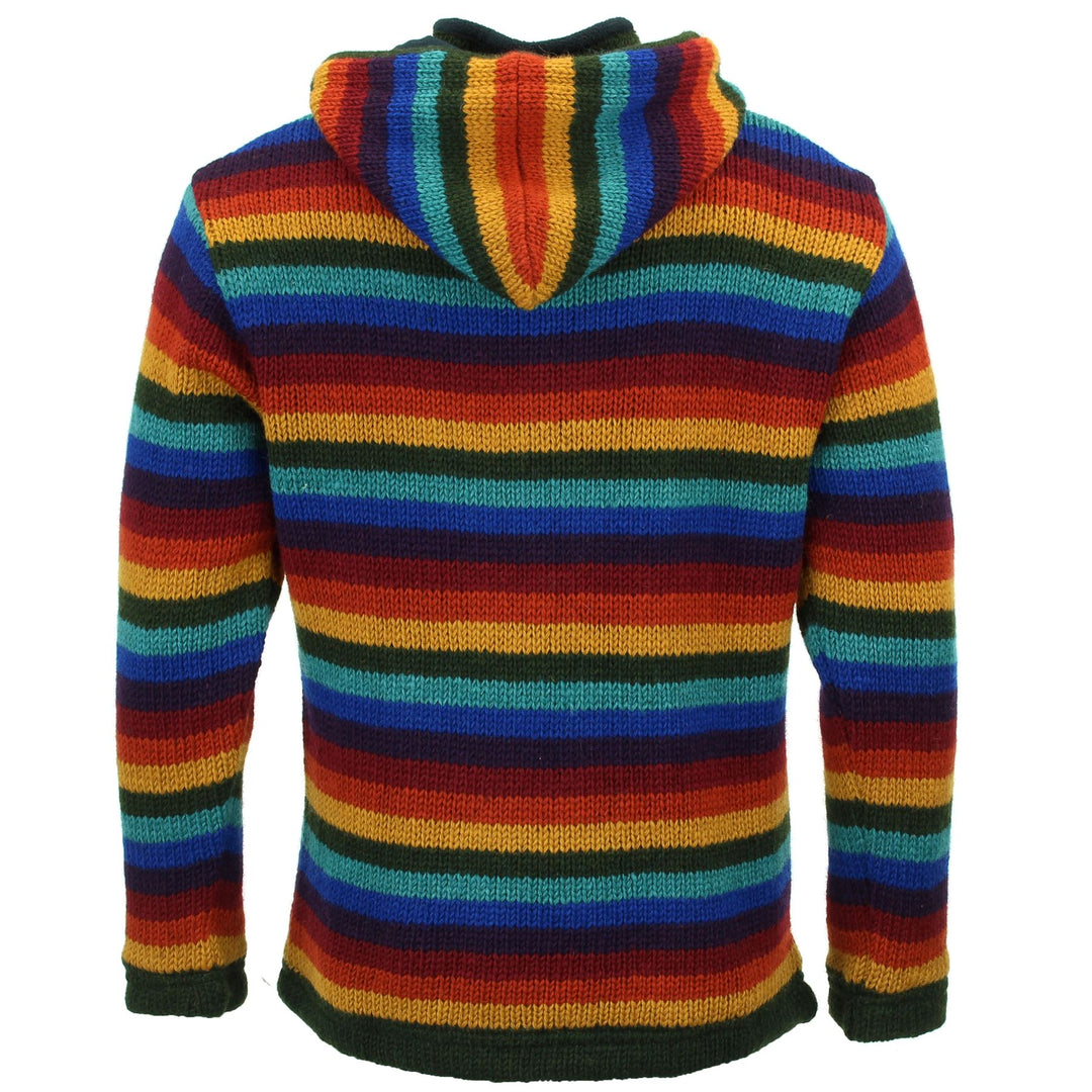 Hand Knitted Wool Hooded Jacket Cardigan - Stripe Dark Rainbow