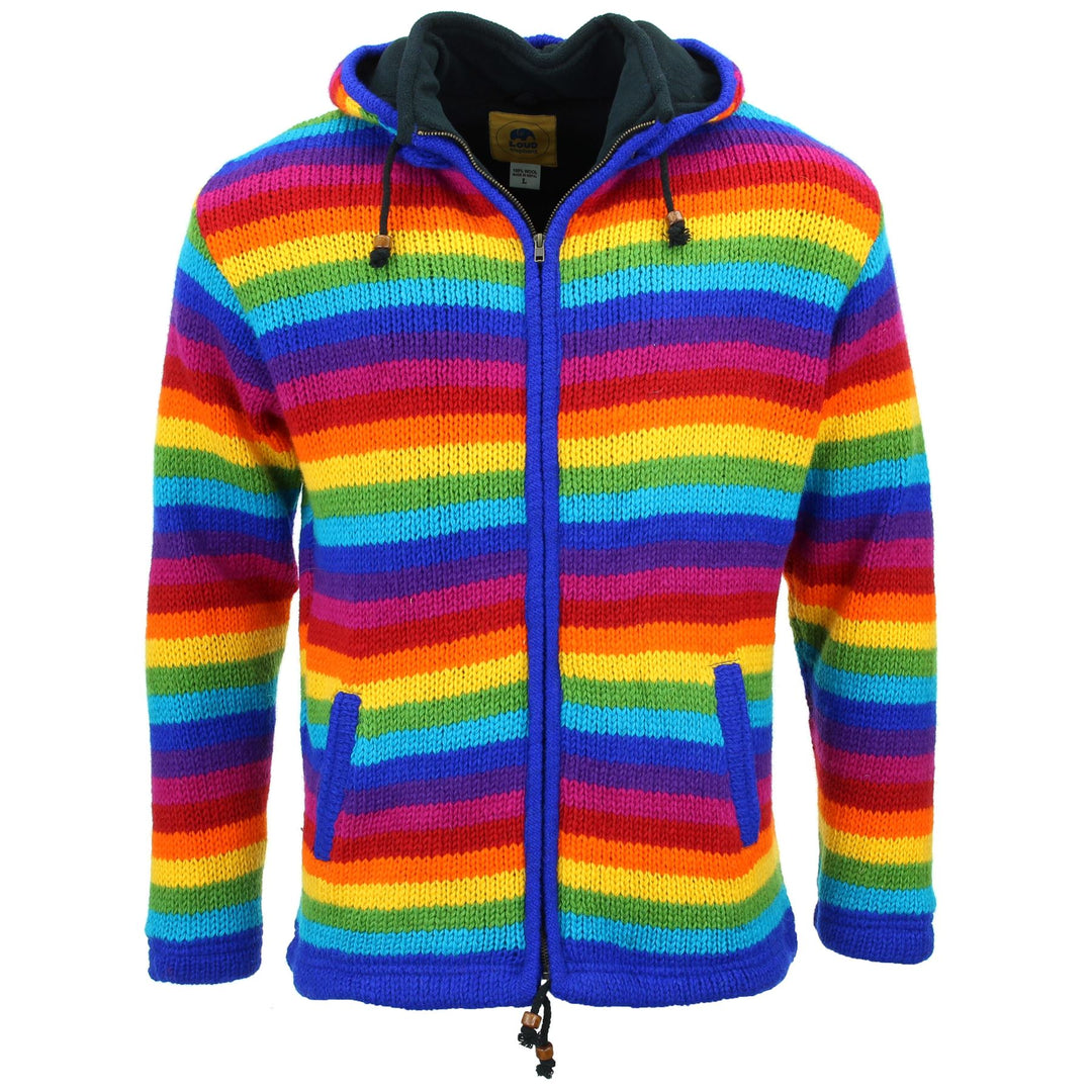 Hand Knitted Wool Hooded Jacket Cardigan - Stripe Bright Rainbow