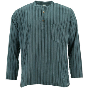 Cotton Grandad Collar Shirt - Grey Black Stripe