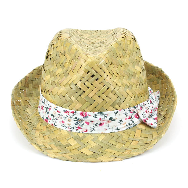 Straw Trilby Fedora Hat with Floral Print Band - Red