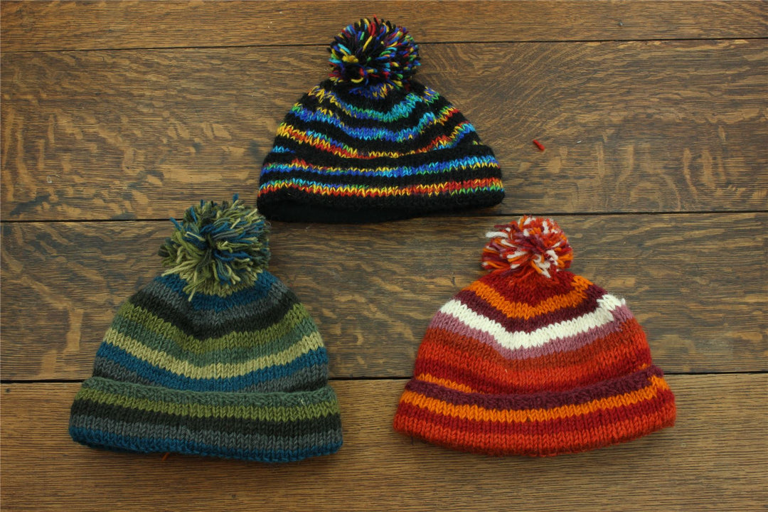Chunky Wool Knit Beanie Bobble Hat - Stripe Rust