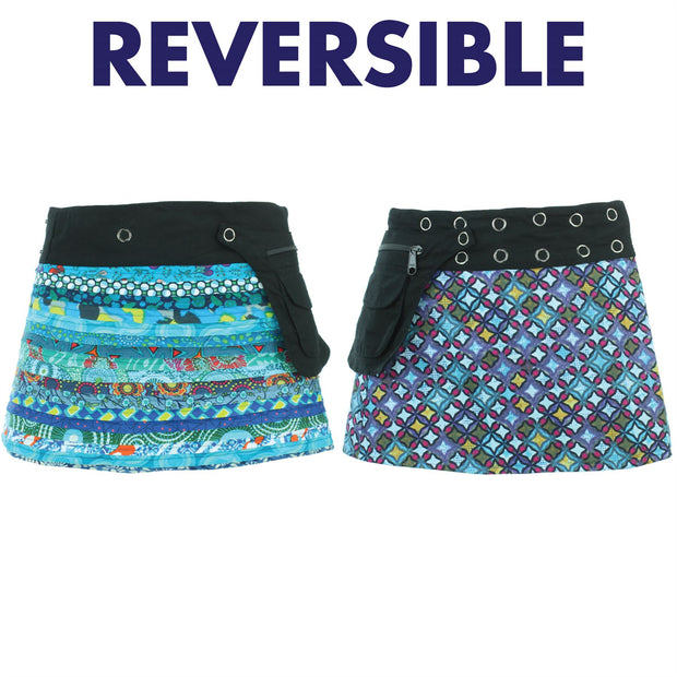 Reversible Popper Wrap Children's Size Mini Skirt - Blue Patch Strips / Diamond Block