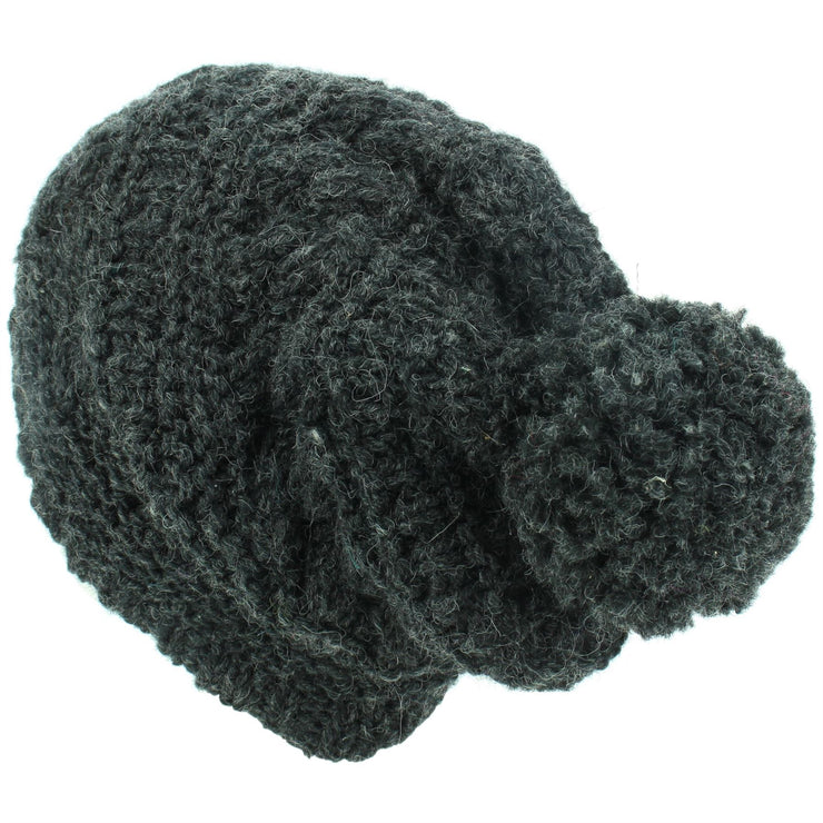 Wool Knit Bobble Beanie Hat - Charcoal Grey