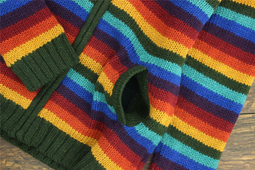 Hand Knitted Wool Jacket Cardigan - Stripe Dark Rainbow
