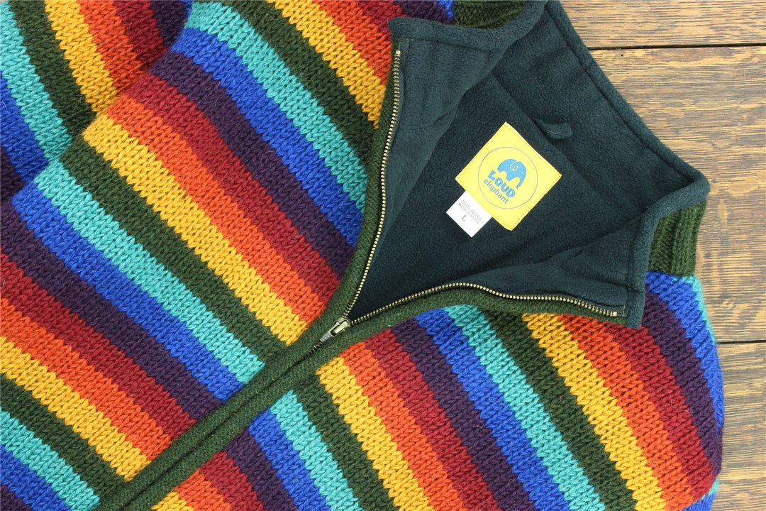 Hand Knitted Wool Jacket Cardigan - Stripe Dark Rainbow