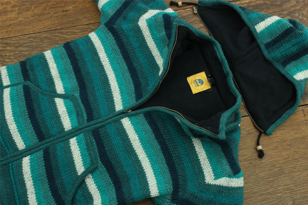 Hand Knitted Wool Hooded Jacket Cardigan - Stripe Teal
