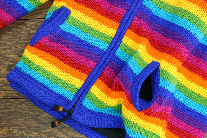Hand Knitted Wool Hooded Jacket Cardigan - Stripe Bright Rainbow