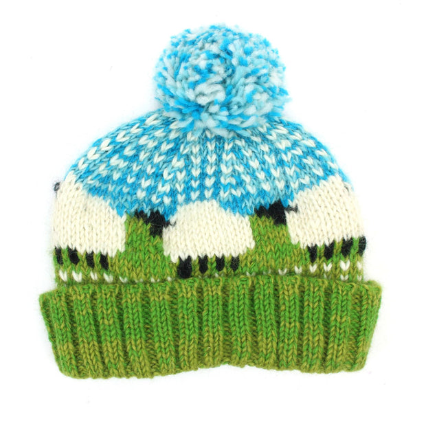 Hand Knitted Wool Beanie Bobble Hat - Sheep - Green Sky Blue