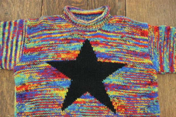 Chunky Wool Knit Star Jumper - Rainbow Space Dye & Black