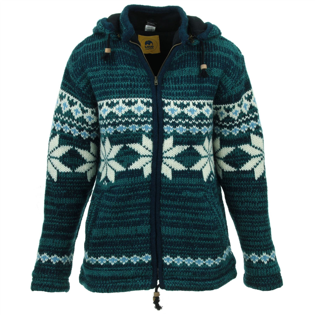 Hand Knitted Wool Hooded Jacket Cardigan Ladies Cut - Fairisle Teal