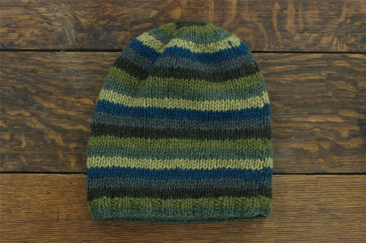 Hand Knitted Baggy Slouch Beanie Hat - Stripe Green Blue