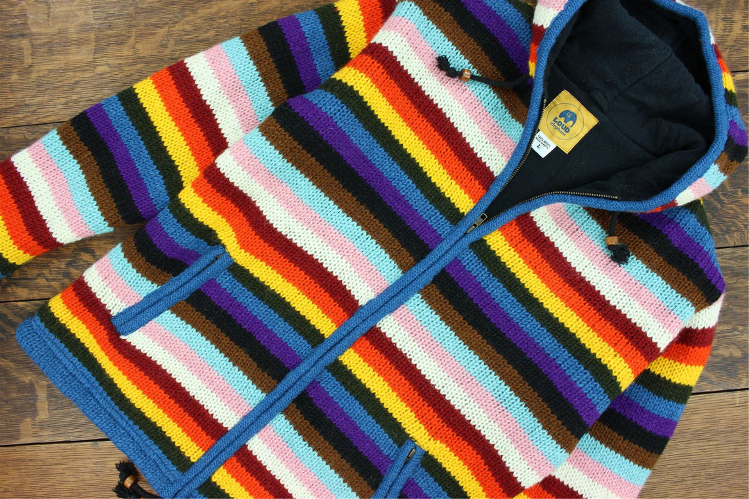Hand Knitted Wool Hooded Jacket Cardigan - Stripe Progress Rainbow