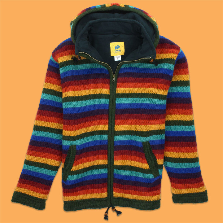Hand Knitted Wool Hooded Jacket Cardigan - Stripe Dark Rainbow