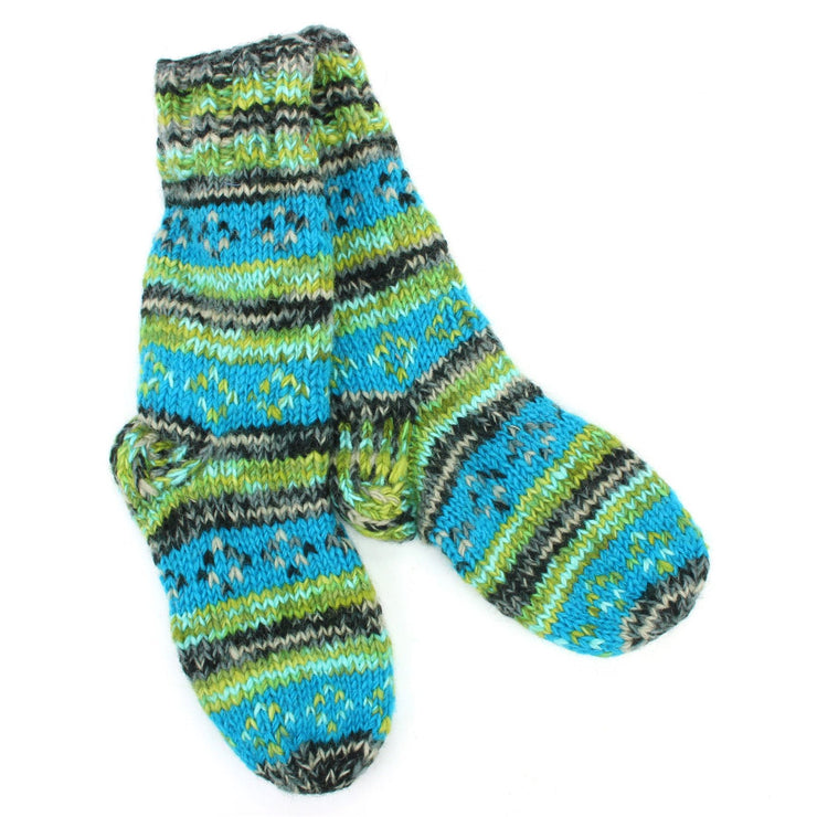 Hand Knitted Wool Slipper Socks Lined - Diamond Blue Green