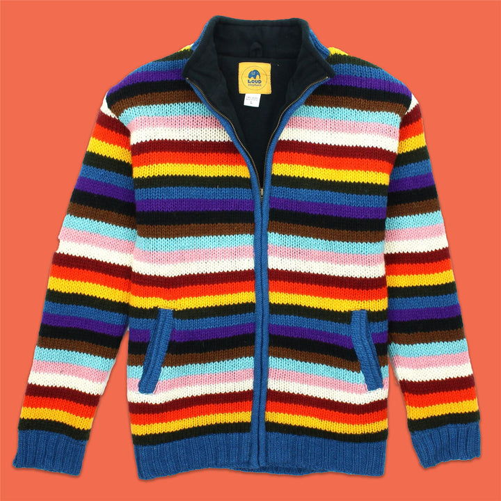 Hand Knitted Wool Jacket Cardigan - Stripe Progress Rainbow