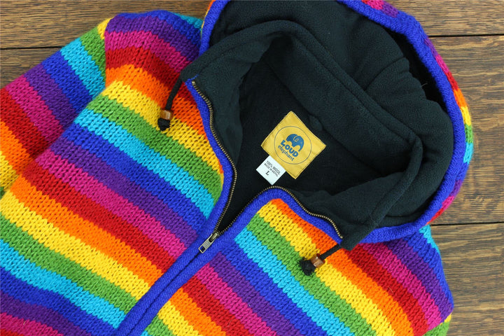Hand Knitted Wool Hooded Jacket Cardigan - Stripe Bright Rainbow