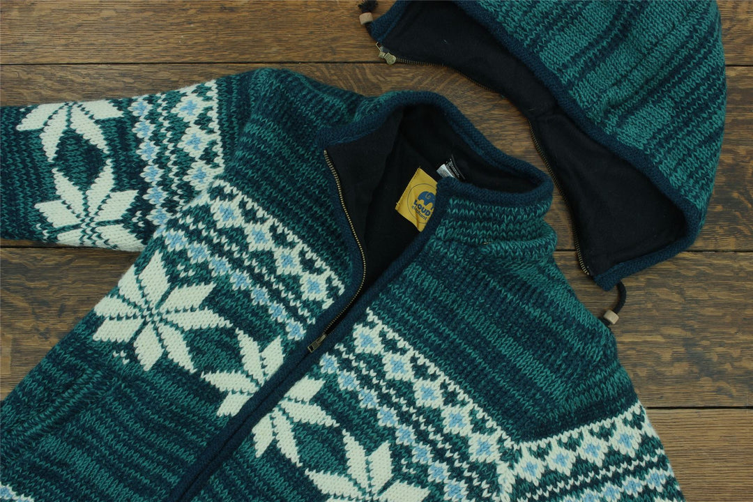 Hand Knitted Wool Hooded Jacket Cardigan Ladies Cut - Fairisle Teal