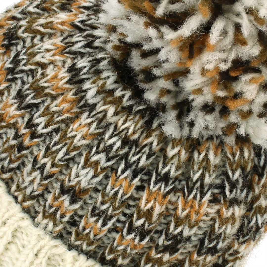 Wool Knit Beanie Bobble Hat - Cream Browns