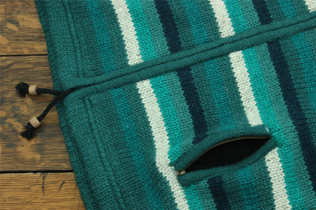 Hand Knitted Wool Hooded Jacket Cardigan - Stripe Teal