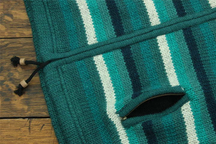 Hand Knitted Wool Hooded Jacket Cardigan - Stripe Teal