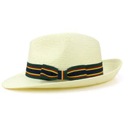 Wide Brim Straw Panama Fedora Hat - Green & Navy