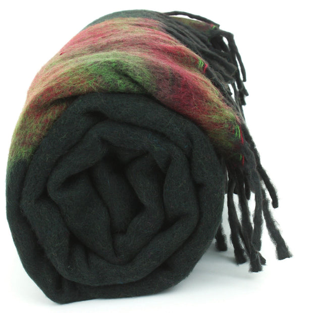 Tibetan Wool Blend Shawl Blanket - Black with Green & Red Reverse