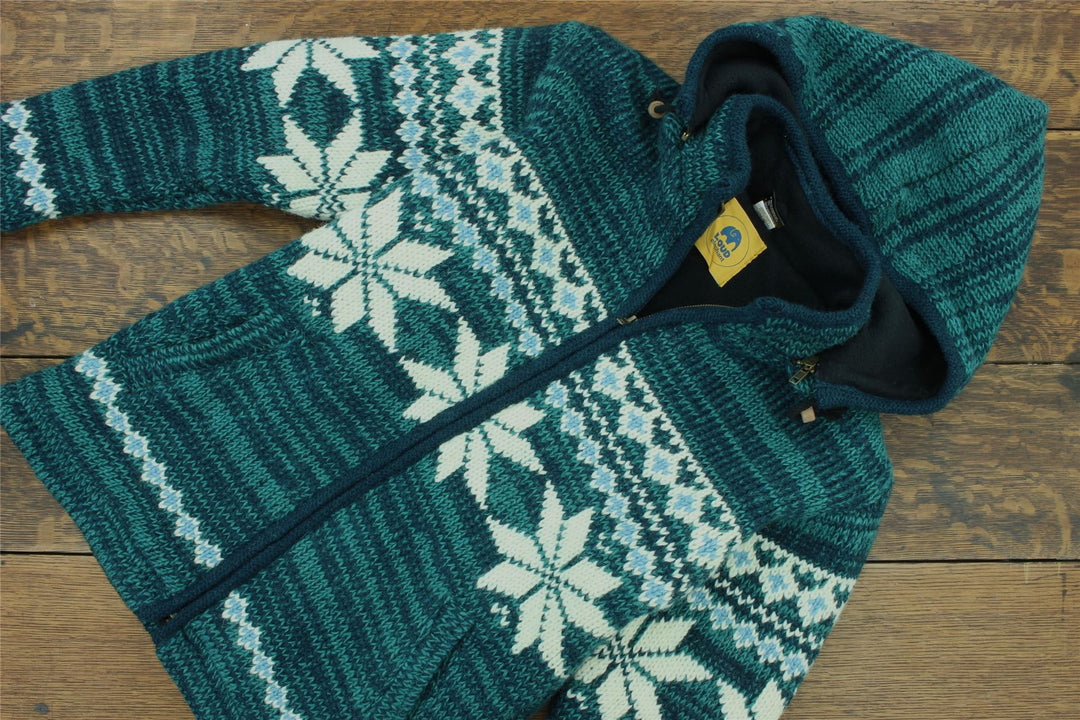 Hand Knitted Wool Hooded Jacket Cardigan Ladies Cut - Fairisle Teal