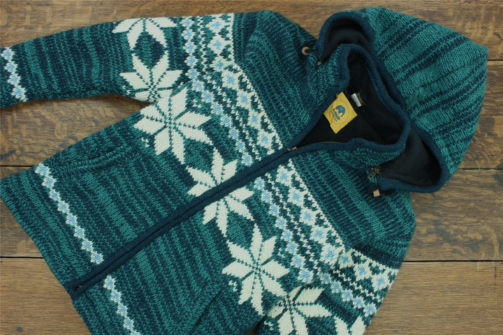 Hand Knitted Wool Hooded Jacket Cardigan Ladies Cut - Fairisle Teal