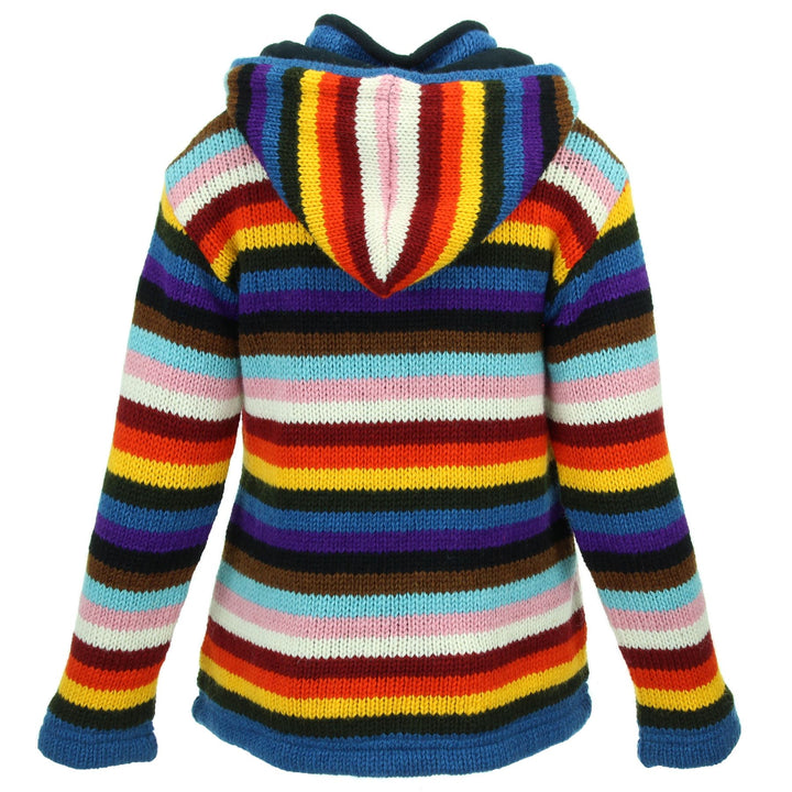 Hand Knitted Wool Hooded Jacket Cardigan Ladies Cut - Stripe Progress Rainbow
