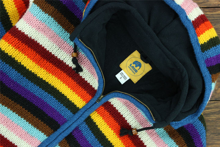 Hand Knitted Wool Hooded Jacket Cardigan - Stripe Progress Rainbow