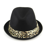 Women's felt rolled brim trilby hat with satin leopard print band - Black (57cm)