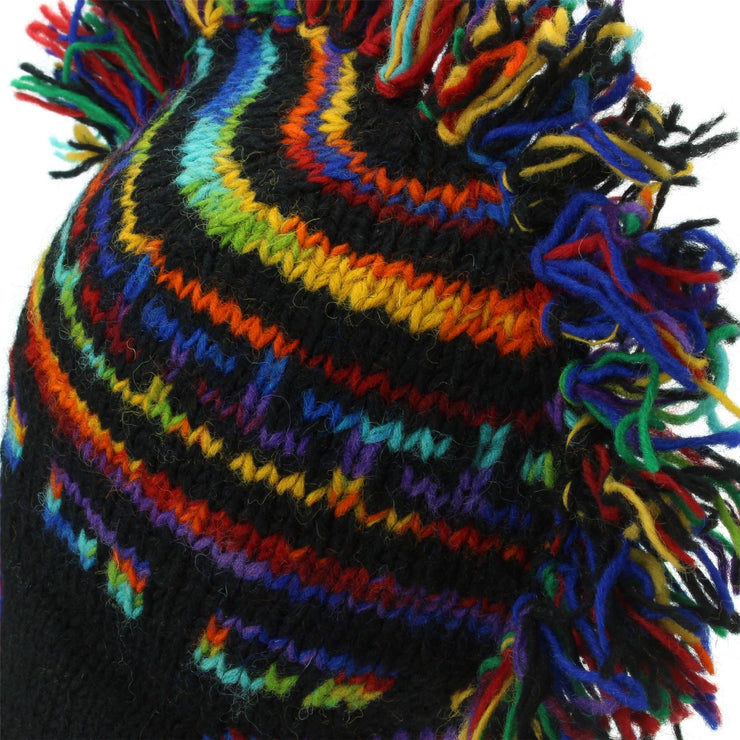 Wool Knit 'Punk' Mohawk Earflap Beanie Hat - Black & Rainbow SD