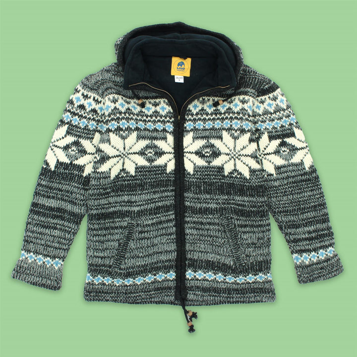 Hand Knitted Wool Hooded Jacket Cardigan - Fairisle Grey