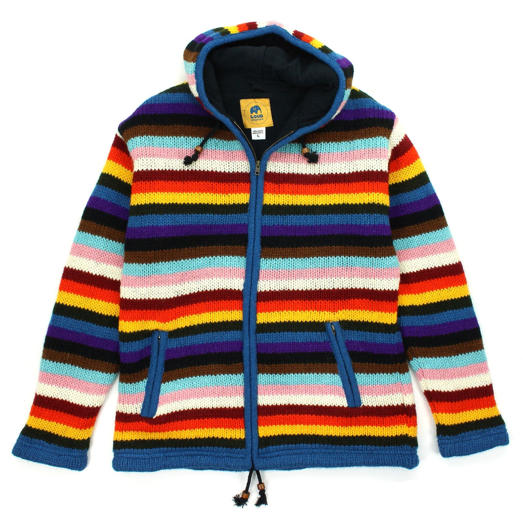 Hand Knitted Wool Hooded Jacket Cardigan - Stripe Progress Rainbow