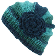 Ladies Chunky Wool Knit Shell Shaped Beanie Hat with Side Flower - Teal