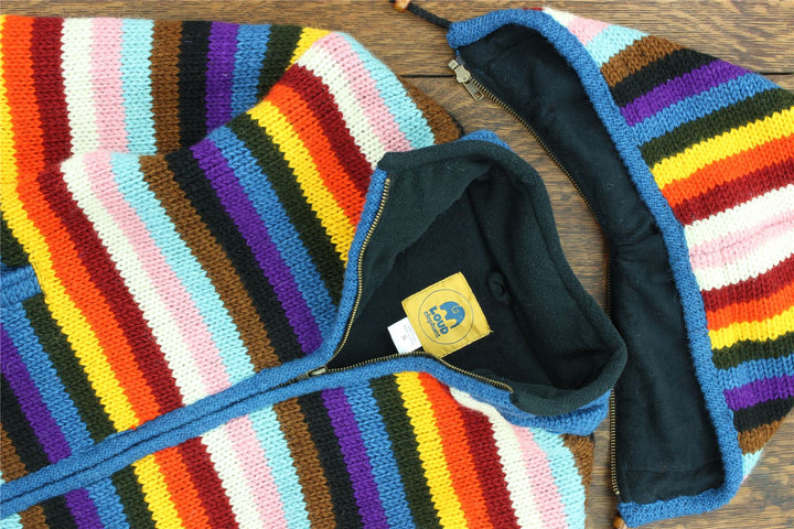 Hand Knitted Wool Hooded Jacket Cardigan Ladies Cut - Stripe Progress Rainbow