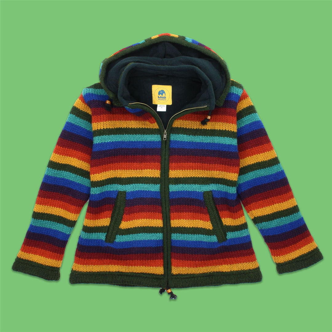 Hand Knitted Wool Hooded Jacket Cardigan Ladies Cut - Stripe Dark Rainbow