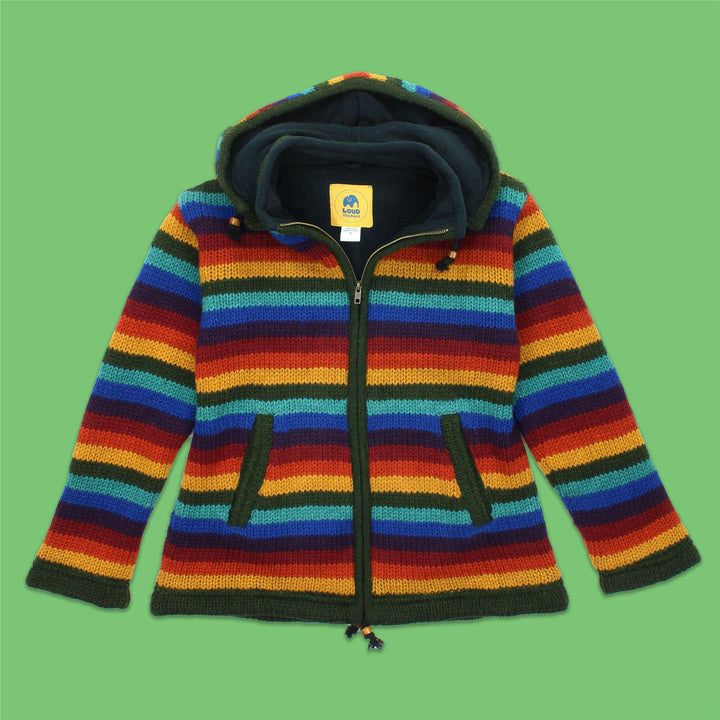 Hand Knitted Wool Hooded Jacket Cardigan Ladies Cut - Stripe Dark Rainbow
