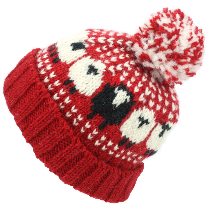 Wool Knit Bobble Beanie Hat - Sheep - Red White
